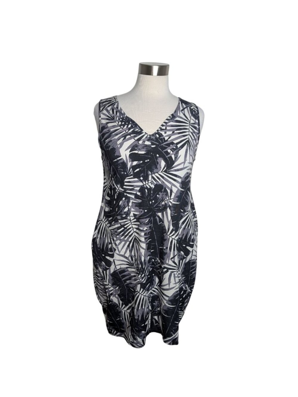 MarlaWynne Print Polished Knit Lantern Dress White Black Palm Sleeveless Sz L-XL